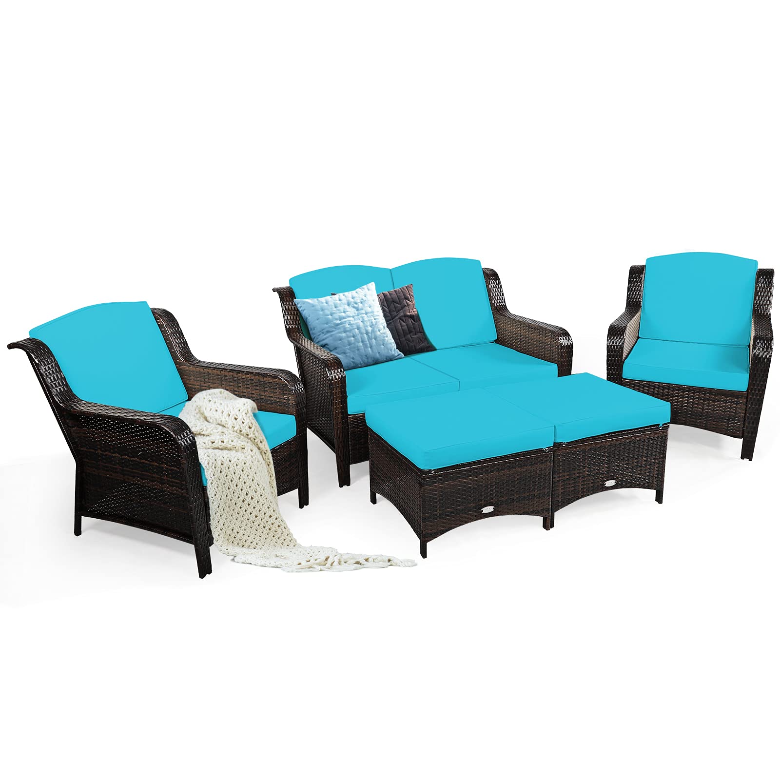 Ensemble de mobilier de jardin 5 pièces, ensemble de conversation d'extérieur en rotin avec canapé deux places